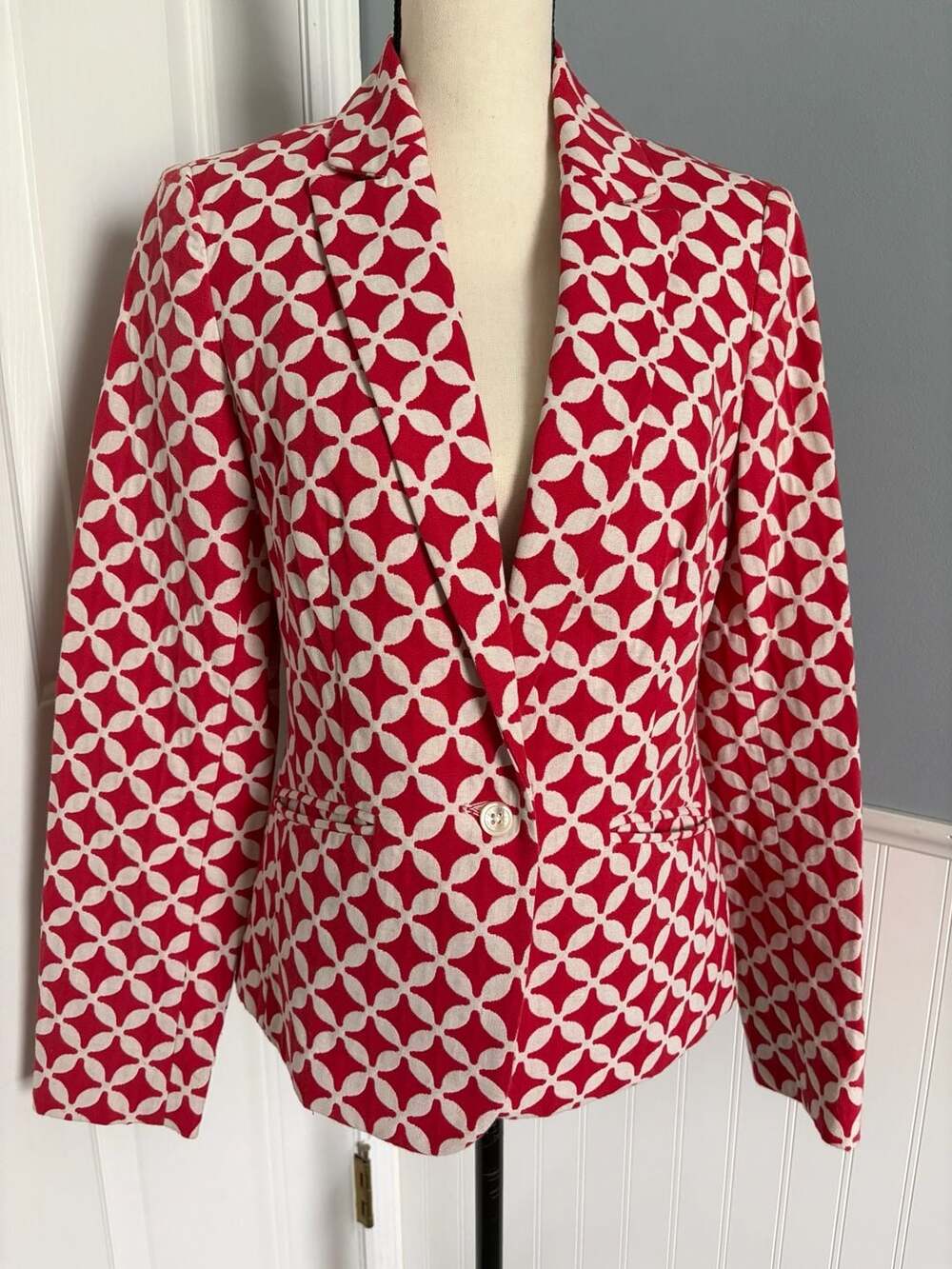 Jones New York Signature Stretch Red White Geometric Floral Print Cotton Blazer